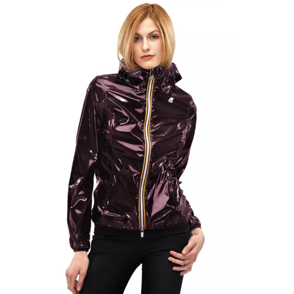 K-Way Rain Jacket Glossy Plum Lil Vinyl Zip Up Colorful Zipper Size Seven Medium